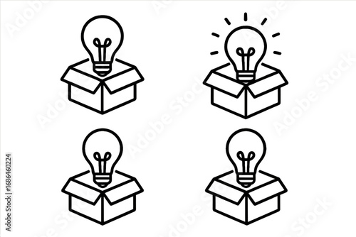 Think outside the box concept. Light bulb icon set. Creative idea, innovation, solution, startup. Brainstorming. Unpacking a brilliant thought. Vector line art pictogram.