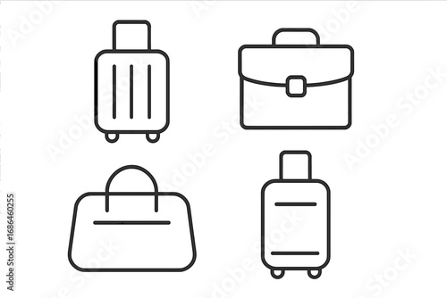 Luggage and bag line icon set. Travel and baggage symbols. Suitcase, briefcase, and duffel bag vector pictograms for web, apps, and graphic design. Minimalist outline style.