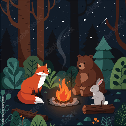 Flat 2D vector of fox, bear, and rabbit woodland creatures by a campfire under a starry night sky with stylized foliage on a white background.