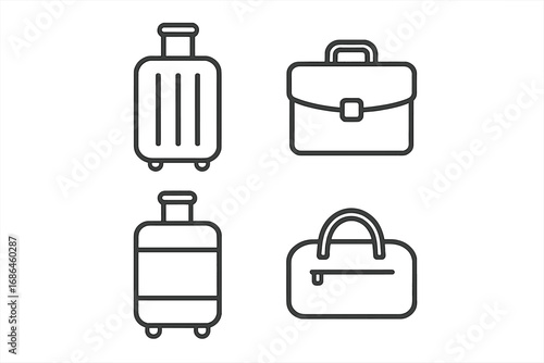 Travel bag and luggage line icon set. Suitcase, briefcase, duffel bag symbols. Vector outline pictogram for tourism, vacation, business trip. Minimalist graphic design element.