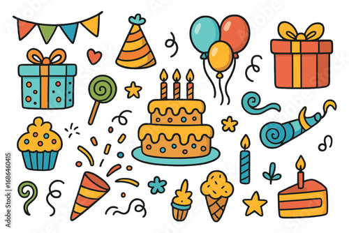 Festive birthday party doodle set. Hand drawn cartoon vector illustration collection. Celebration icons with cake, gift, balloons, confetti, cupcake, and party elements.