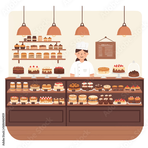 A charming flat 2D vector illustration depicts a whimsical bakery interior with a friendly smiling baker proudly showcasing an array of delicious pastries and cakes on display behind the counter.