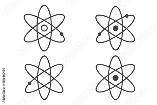 Atom icon set. Science symbol collection. Physics, chemistry, nuclear energy concept. Atomic particle structure with nucleus and electron orbit. Thin line vector illustration.