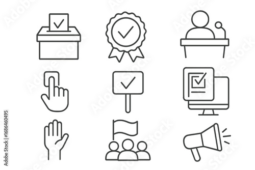 Election & politics thin line icon set. Vote, ballot box, campaign, and democracy symbols. Government pictogram collection for web, app, and infographics. Political vector signs.