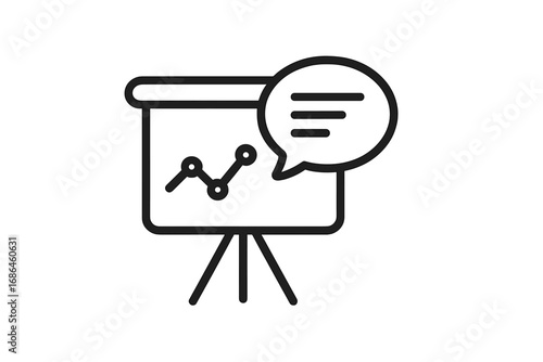 Business presentation line icon with growth graph on a flip chart and speech bubble. Concept of data analysis, financial report, marketing statistics, and communication.