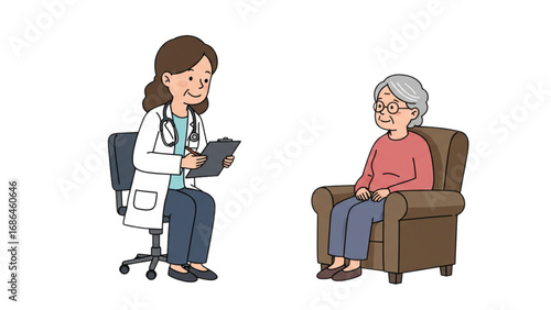 Compassionate Elderly Healthcare: Doctor Providing Comfort and Care to Senior Patient at Home, illustration,vector,Transparent background