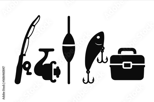 Fishing gear icon set. Black silhouette vector illustration of a rod, reel, float, lure, and tackle box. Angling equipment for sport or hobby. Isolated graphic elements.