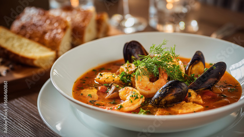 French seafood bouillabaisse soup ina plate