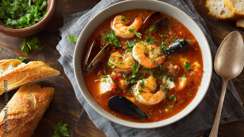 French seafood bouillabaisse soup ina plate