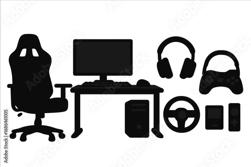 Gaming room setup silhouette collection. Vector icons of gamer equipment: computer desk, chair, headphones, controller, and racing wheel. Esports workstation accessories set.