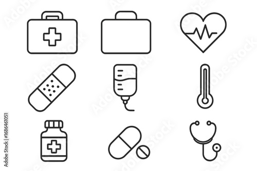 Medical and healthcare line icon set. Simple outline collection for web and apps. Vector symbols of first aid kit, heart cardiogram, pills, stethoscope, iv drip, bandage. Editable stroke.
