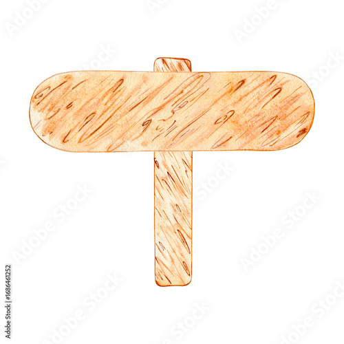 Watercolor wooden signboard, shield, banner for text. Brown hand drawn direction sign. Signs, designations for messages helping to find the way. Illustration with space for text.