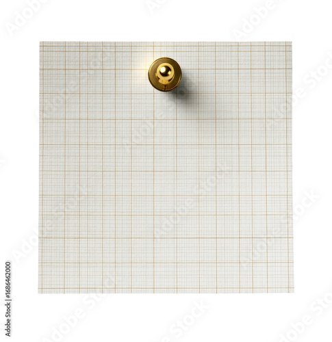 A square, beige gridded note paper with a gold pushpin