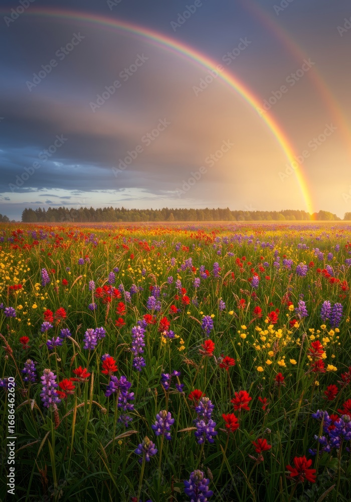 Naklejka premium Nature's Beauty: A Rainbow Over a Meadow of Yellow and Blue Flowers