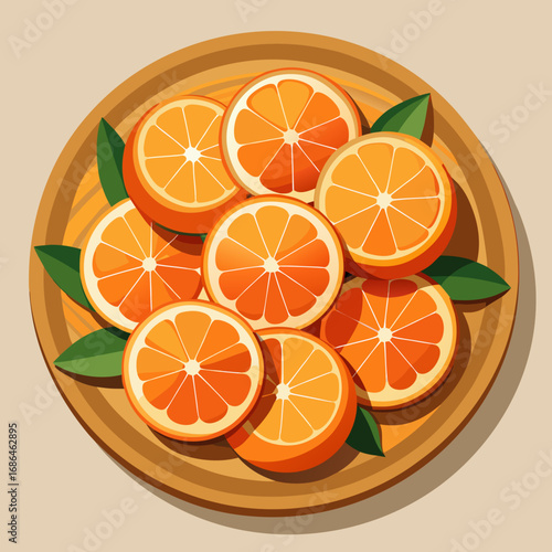 Fresh orange slices artfully arranged on a wooden plate