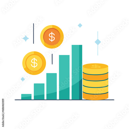 Flat Vector Of Coins With Falling Bar Chart