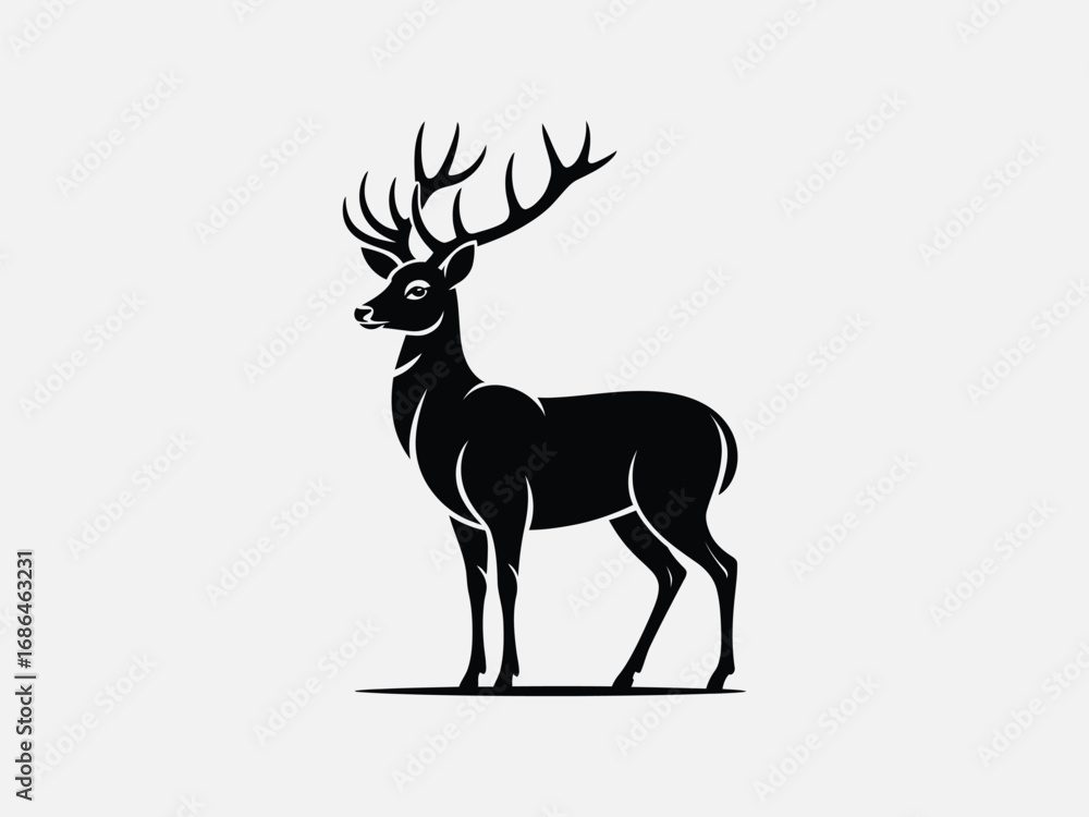 Obraz premium Vector art of a majestic deer with large antlers stands gracefully, its silhouette captured in a striking black and white illustration