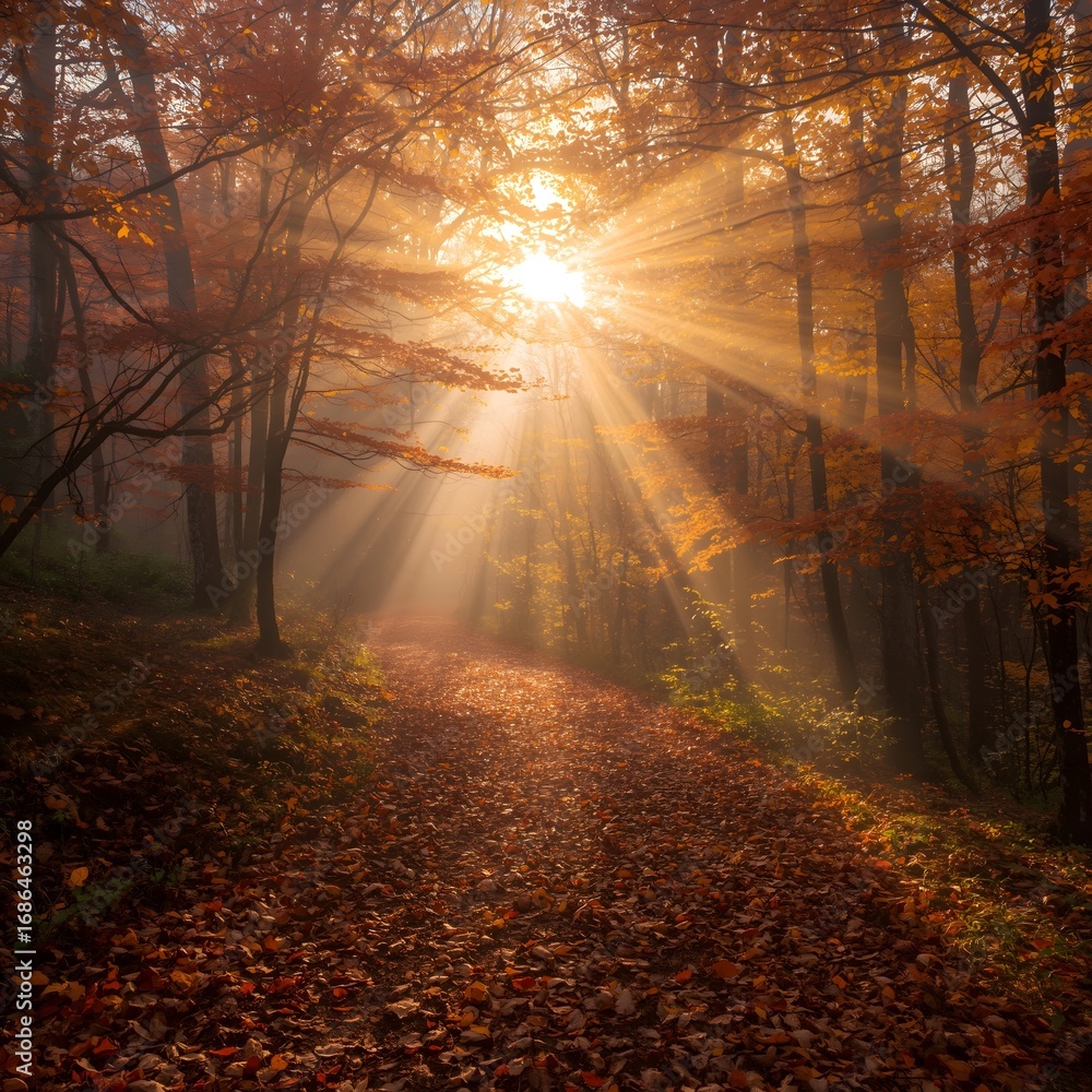 Obraz premium Golden sun rays stream through vibrant autumn trees onto a path covered in leaves