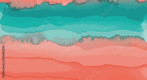 Abstract watercolor painting with teal and coral horizontal bands