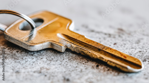 Silver key macro detail on stone surface metallic texture shallow depth of field rustic mood closeup minimal still life household object concept security theme soft light
