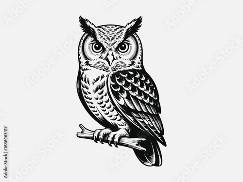 Vector art of detailed monochrome illustration of an owl perched on a branch, showcasing its wisdom and nocturnal nature