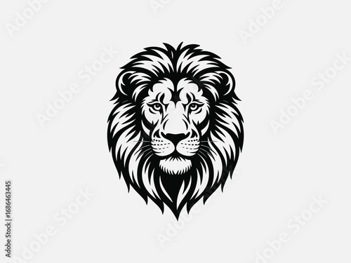 Vector art of monochrome illustration of a lions head, showcasing its majestic mane and fierce expression in a vector format