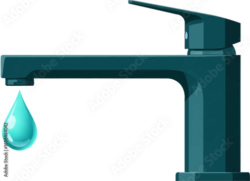 Close-up of a modern teal faucet with a water droplet ready to fall on a black background