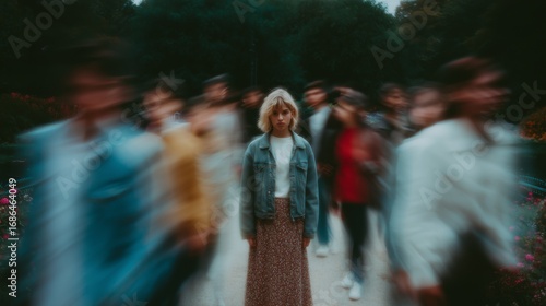 A solitary woman stands motionless as a busy crowd rushes past, creating a sense of isolation in movement.