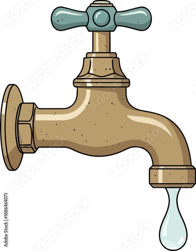 Close-up of an antique brass water faucet with a single droplet of water descending against a
