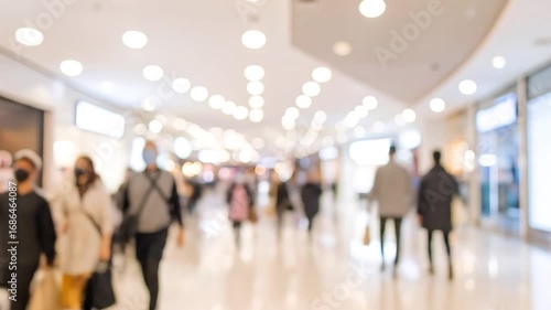 Blurred interior with many people walking and bright round lights
