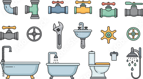 Collection of Plumbing Fixtures and Components Including Faucets Washbasins Toilets and Valves in