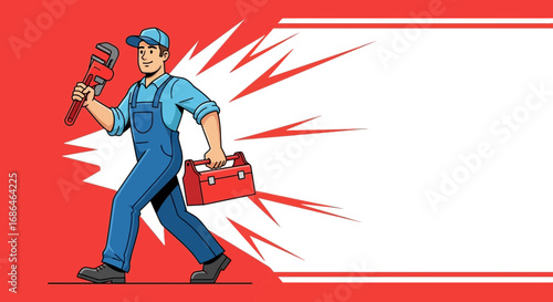 Energetic male repair technician confidently walking away from repair site holding wrench and