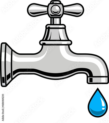 Illustration of a classic water faucet with a single droplet of water in a minimalistic black and