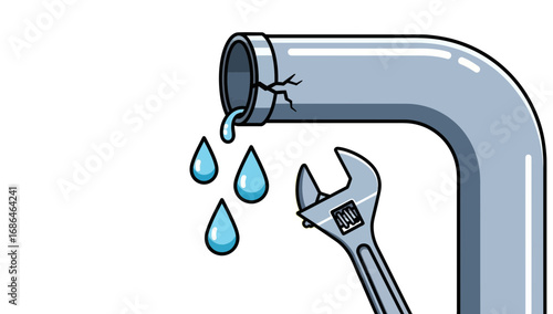 Illustration of a leaking pipe with a wrench fix in progress highlighting plumbing issues and