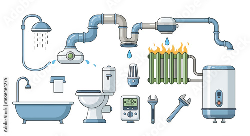 Illustration of a complex plumbing system with pipes fixtures and water flow control elements