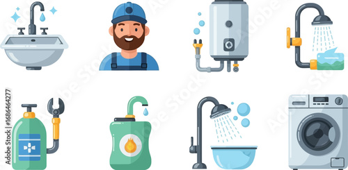Illustration of plumbing and water heating systems with maintenance technician in a modern