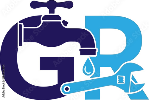 Illustration of a water faucet with a wrench and a large letter D in the background