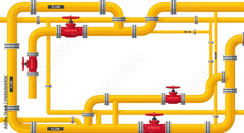 Intricate network of yellow pipes and red valves used for fluid control in an industrial or