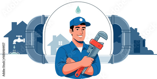 professional plumber inspecting water pipes with adjustable wrench in a modern plumbing setup