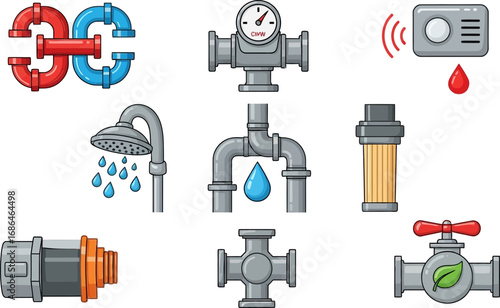 Variety of Plumbing and Water Management Icons Depicting Water Flow and Devices