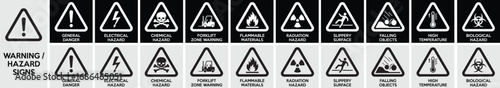 Warning and Hazard Safety Signs – Electrical Danger, Chemical Hazard, Flammable Materials, Radiation Risk, Slippery Surface, Falling Objects, High Temperature, Biohazard & Forklift Zone Signs