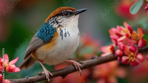 Chestnut-crowned Antwren perched on a blooming branch, a symphony of colors