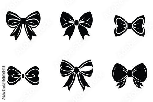 Black Ribbon Bow Icons Gift Box and Decorative Silhouettes