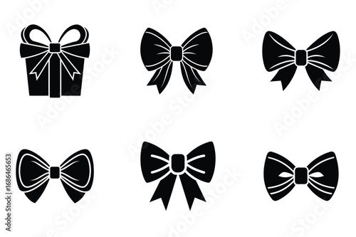 Black Ribbon Bow Icons Gift Box and Decorative Silhouettes