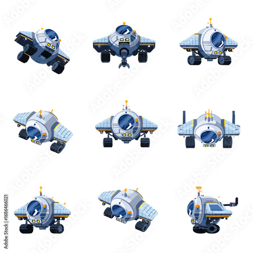 Space rover vector set. Cartoon futuristic exploration vehicle from different angles. Spaceship sprite for game animation with front, back, side, and top views.