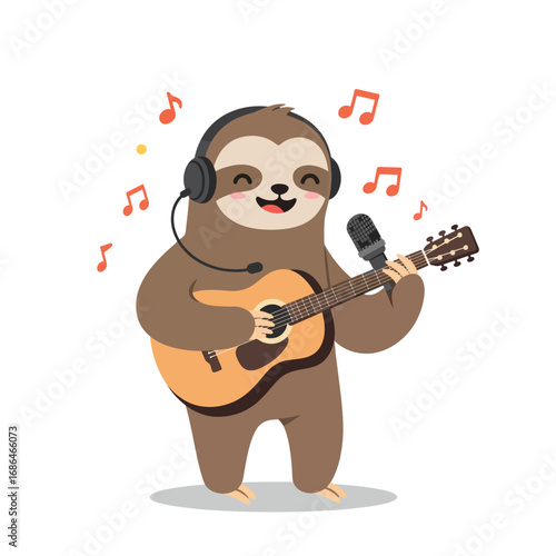 A cartoon sloth plays guitar and sings into a microphone