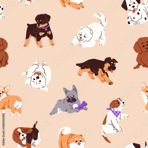 Repeatable pattern of cute baby dogs of different canine breeds. Endless background of funny puppies. Pups of bulldog, corgi, pug, poodle, spitz, samoyed have fun. Flat seamless vector illustration