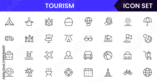 Tourism vector line icons featuring landmarks, airplanes, suitcases, maps, hotels, cameras, travel guides, beaches, and sightseeing activities symbols.