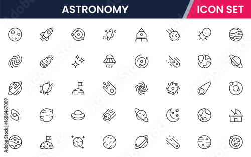 Astronomy vector line icons featuring telescopes, stars, planets, moons, galaxies, constellations, observatories, space exploration, and celestial bodies symbols.