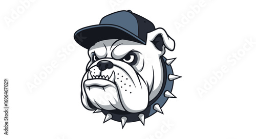 Cool bulldog wearing a stylish cap and spiked collar, perfect for branding or apparel design